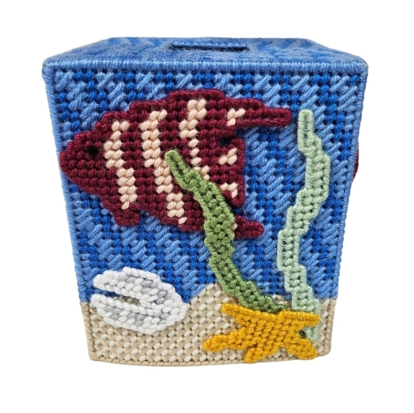 Handmade 3D Angel Fish & Coral Needlepoint Tissue Box Cover - Picture 2 of 5
